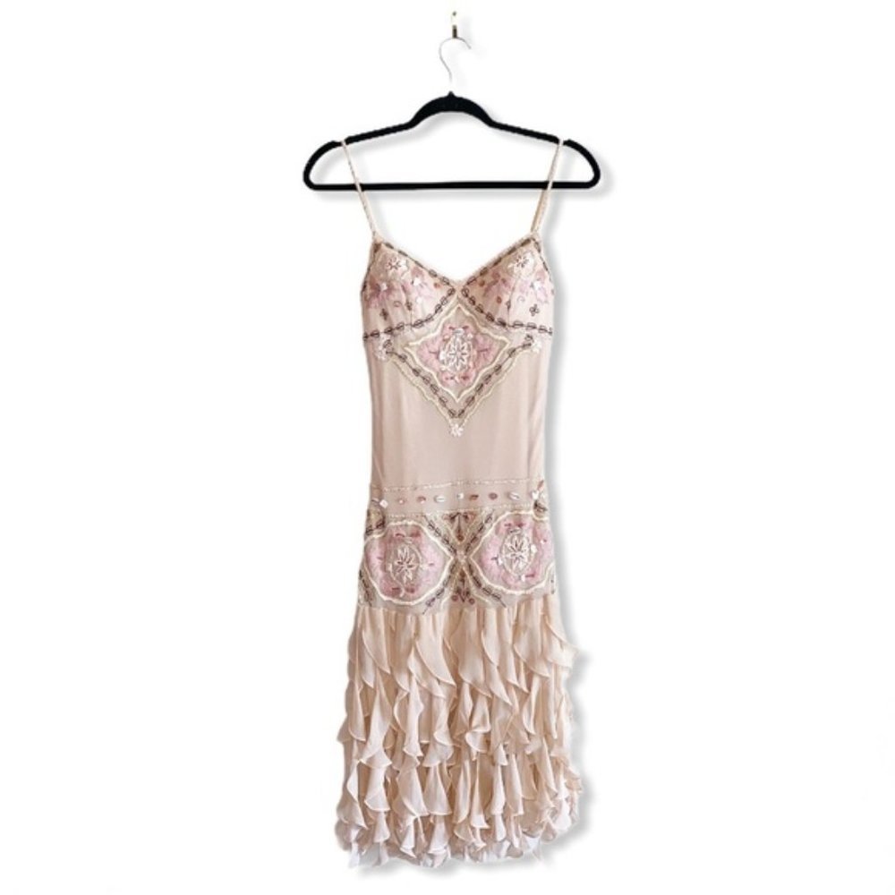 SUE WONG pink beaded silk midi dress